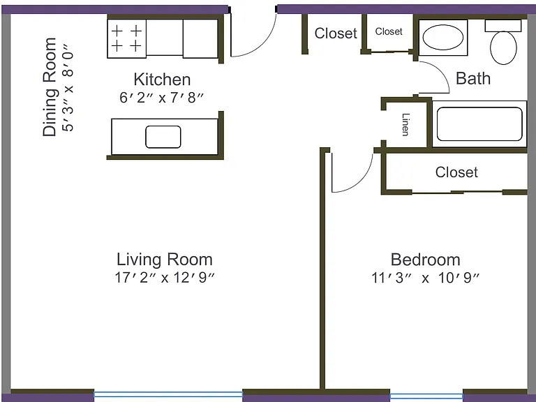 Typical 1 bedroom floor plan for 455 Leila Avenue, dimensions may vary.
