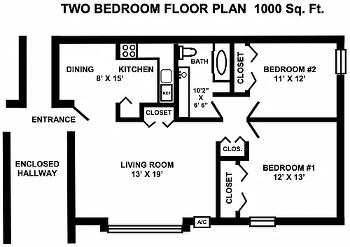 Floor plan 2 Bedrooms, 1 Bathroom