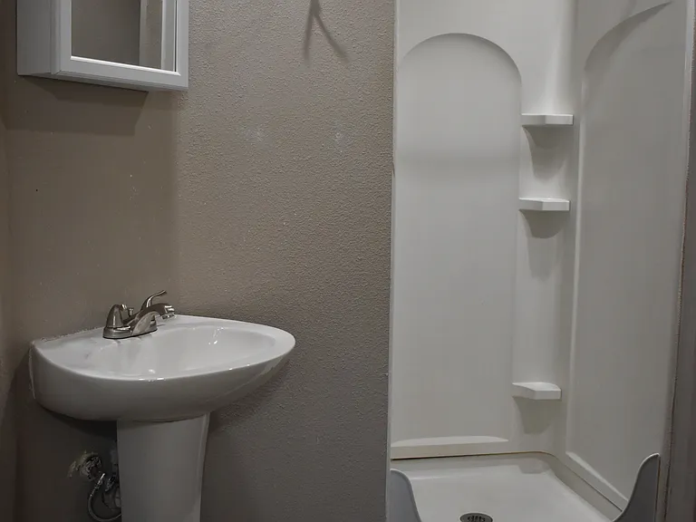 Primary bathroom, Clean, low-maintenance bathroom featuring a walk-in shower and updated fixtures.