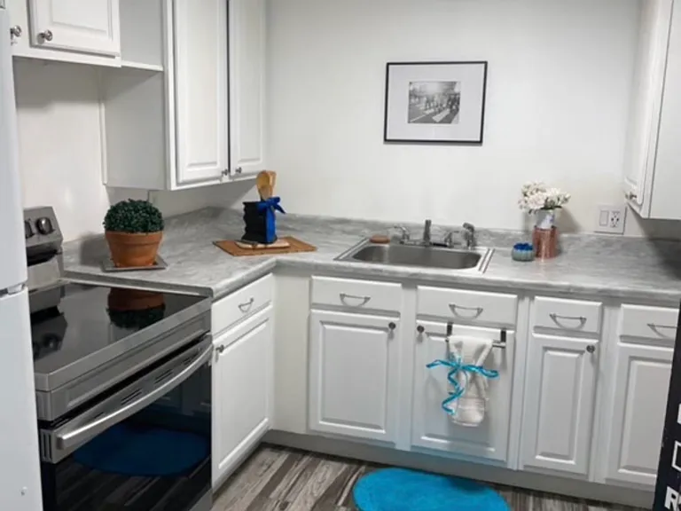 Kitchen with oven refrigerator, garbage disposal, mini cabinets, nice and bright with a window