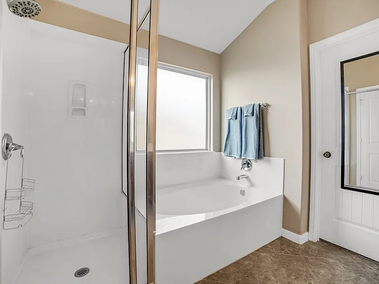 Master bathroom walk-in shower with a bath tub