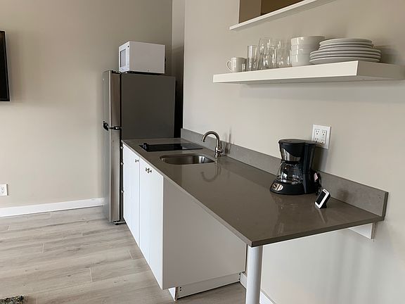 Kitchen includes two burner stove (back left), full refrigerator, microwave, granite counters