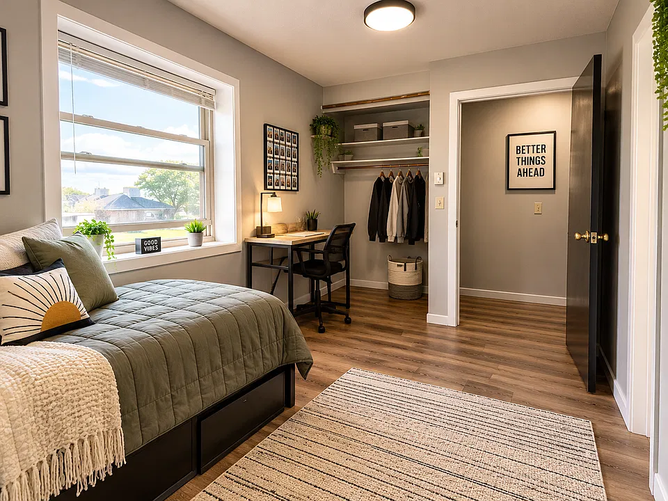 This cozy bedroom features warm flooring, a large window for natural light, and a convenient closet and shelving area. Perfect for creating your own personal retreat!