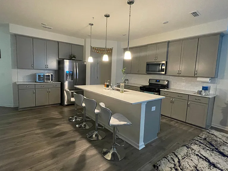 Kitchen with sit in large island & lot of closet and pantry 

All stainless steel appliance:-
Fridge
dishwasher
Gas stove
Microwave