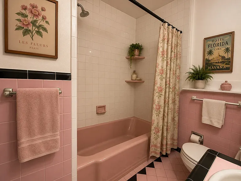 *Virtually Staged 1950's Original Pink Tile Bath