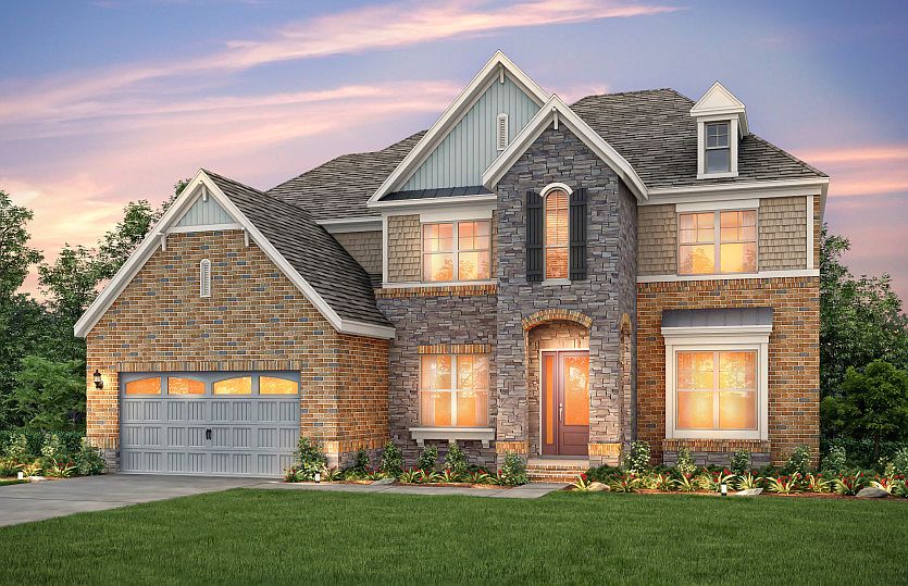 Worthington Exterior 8 features stone, brick, shakes and covered front door