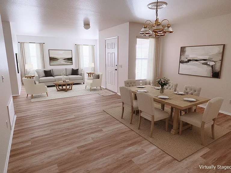 Dining Room, Front Door, and Living Room, Virtually Staged