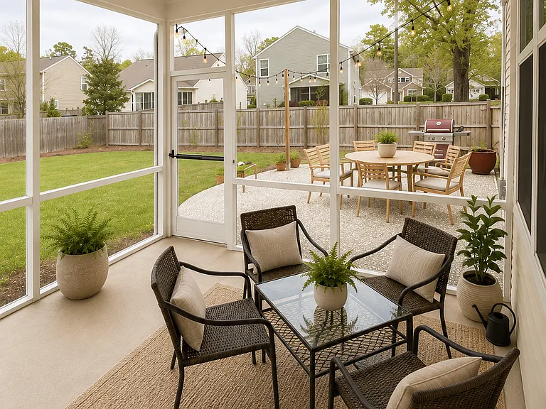 screened in porch with oyster shell patio and fully fenced in back yard