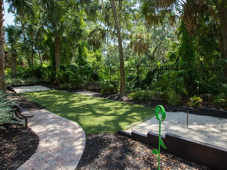Engage in a game of horseshoes at the regulation-sized pit tucked away at the edge of the wooded area.