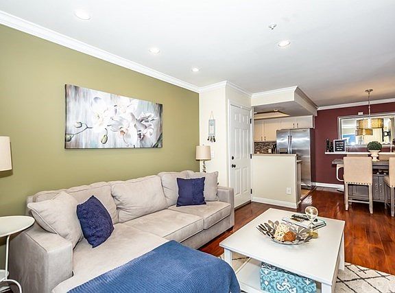 View from living room of kitchen and dining area.