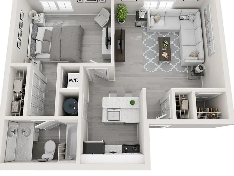 Floor plan for Alibi, one bed one bath.