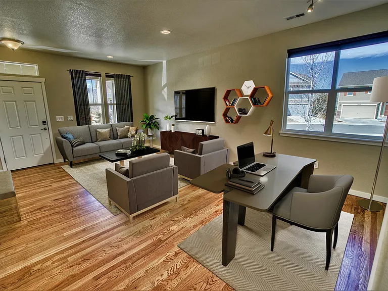 Virtually staged - Main level - entryway/living room/open office (22' x 14').