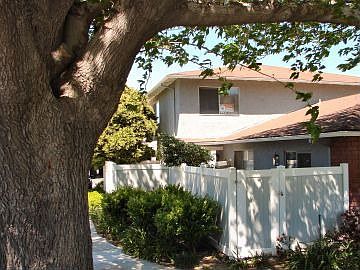 Front view showing mature trees and private fenced patio.