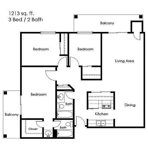 Floor plan 3 Bed 2 Bath | 1213 sqft