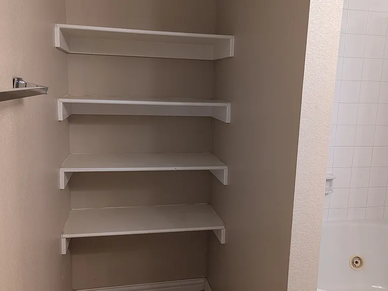 Primary bathroom storage shelves