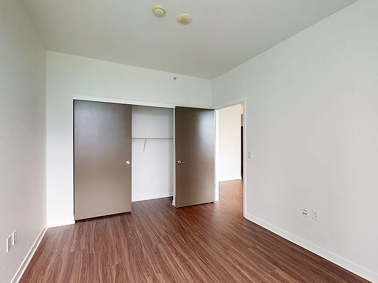 Spacious apartment Bedroom with Large Closet and Wood-Style Flooring.