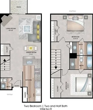 Two Bedrooms, Two and a Half Bathrooms, Townhome, 1094 sqft, Patio, Full-Size Washer/Dryer Connections, Fireplace Two Bedrooms, Two and a Half Bathrooms, Townhome, 1094 sqft, Patio, Full-Size Washer/Dryer Connections, Fireplace