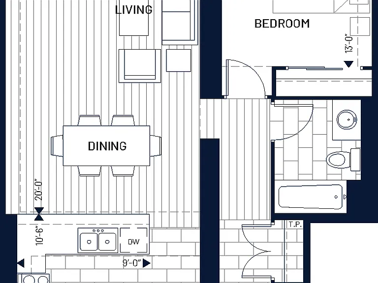 1 Bed
Balcony: 100 sq. ft. 
Terrace available in unit 301
Terrace: 645 sq. ft.