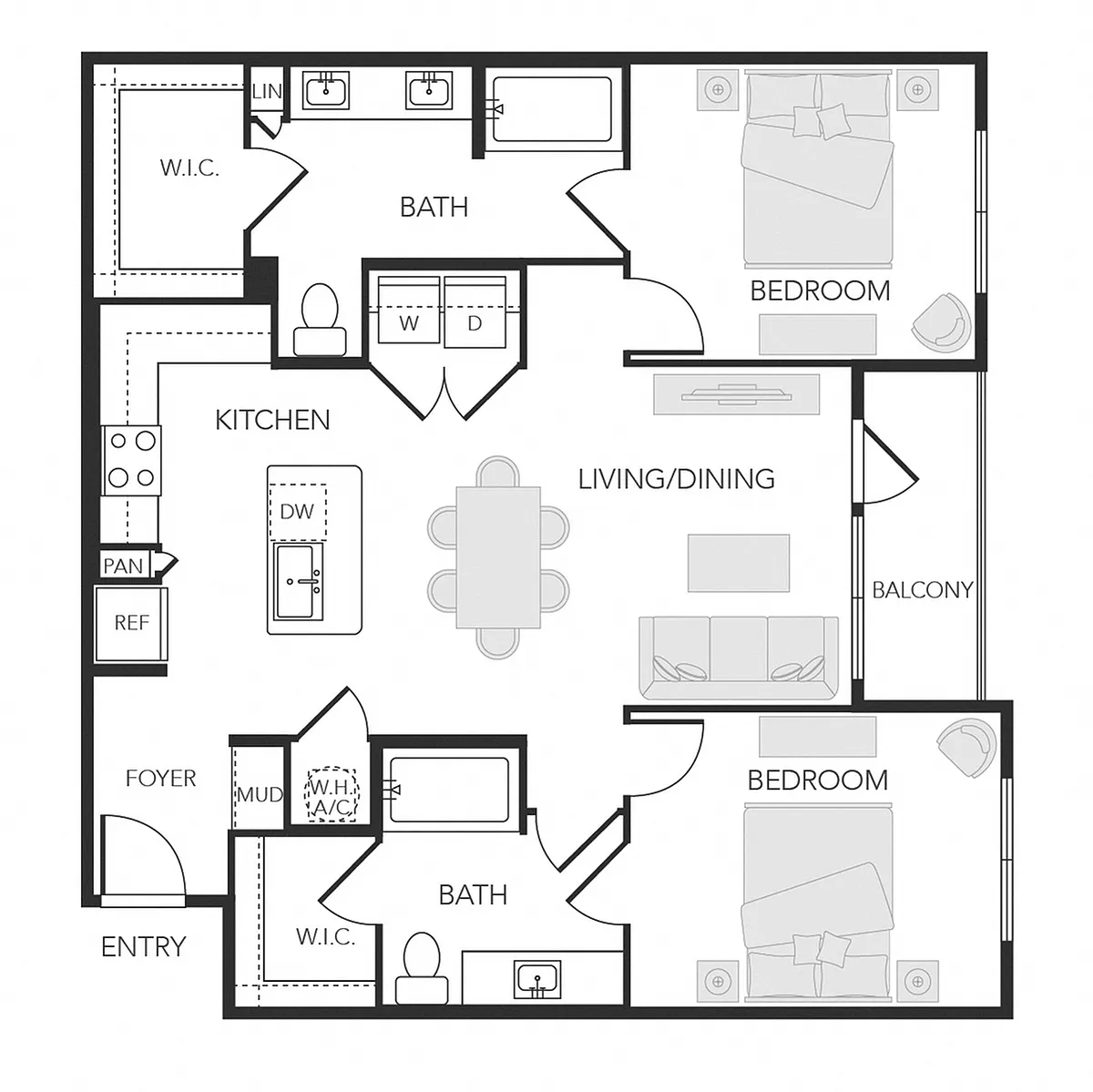 Floor plan 2BR 2BA (B3 - 1102 SF)