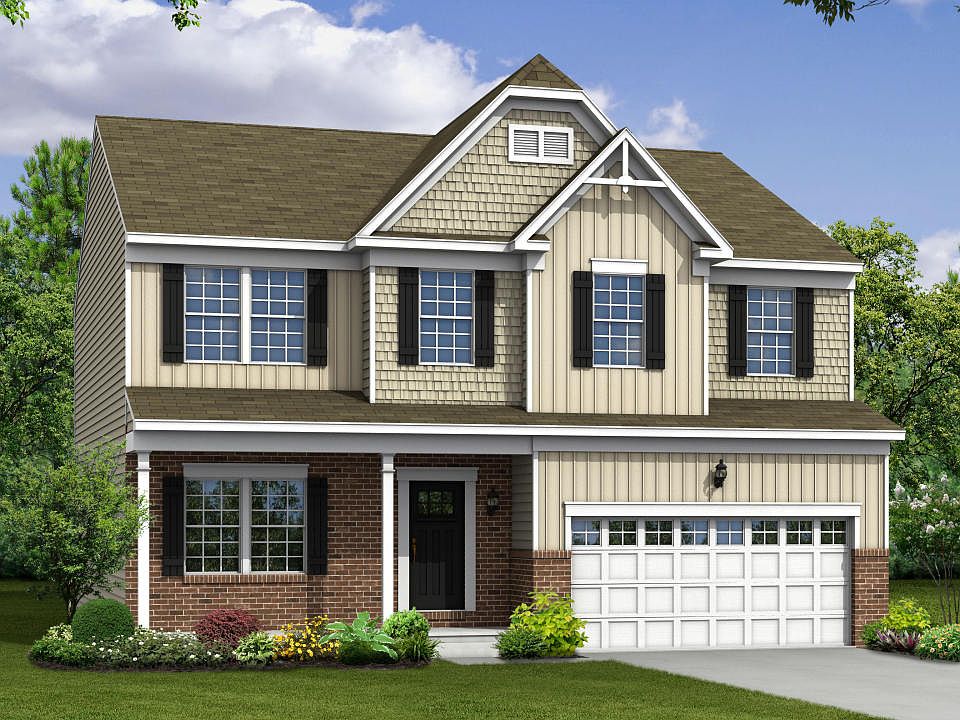 Elevation E Opt Carolina Partial Brick Front, Full Porch, Garage Door