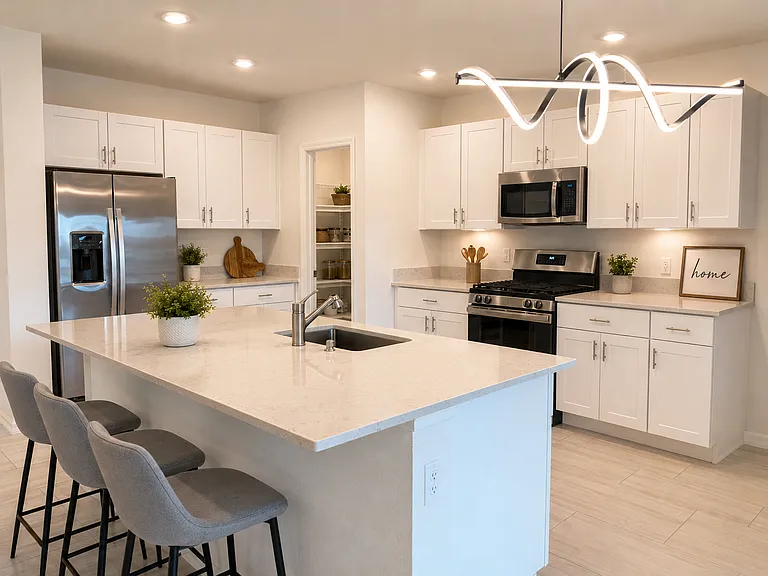 Gourmet Kitchen Close-Up
Beautiful contemporary kitchen featuring abundant cabinetry, walk-in pantry, gas cooking, and elegant finishes throughout.
