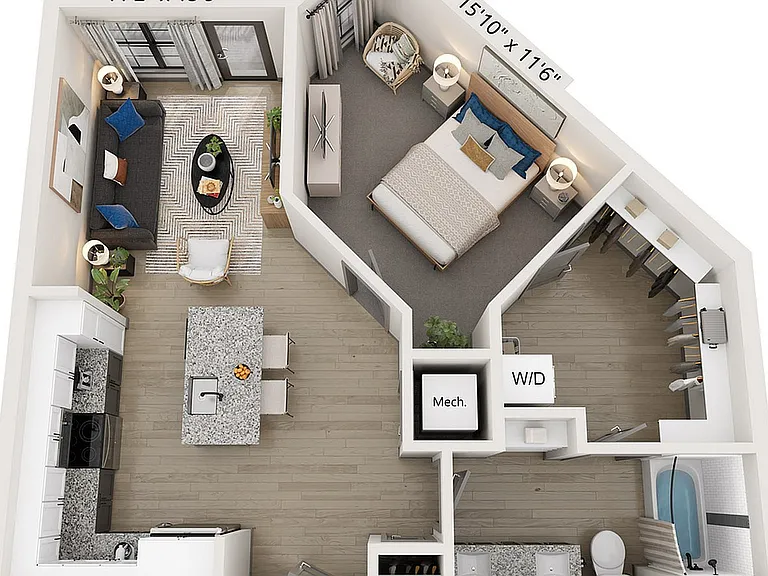 Explore this chic one-bedroom apartment with a smart design that maximizes space and comfort. Explore this chic one-bedroom apartment with a smart design that maximizes space and comfort.