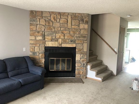 Livingroom wood burning fireplace