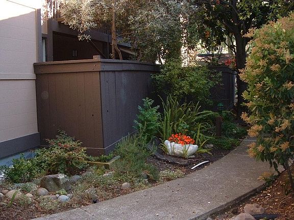 Outside of unit's patio on garden path to unit