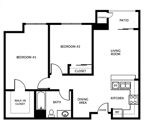 Floor plan 2 Bed, 1 Bath