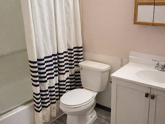 Bathroom
Updated full bathroom with modern vanity, framed mirror, tub/shower combo, and stylish striped shower curtain. Clean finishes and easy-maintenance flooring create a fresh, move-in-ready feel.