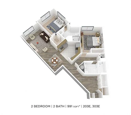 Floor plan Two Bedroom 2 Bath- 991 sqft