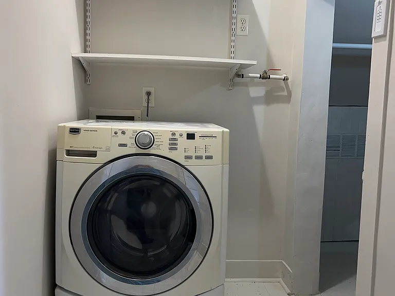 front load washer, extra storage area under stairs