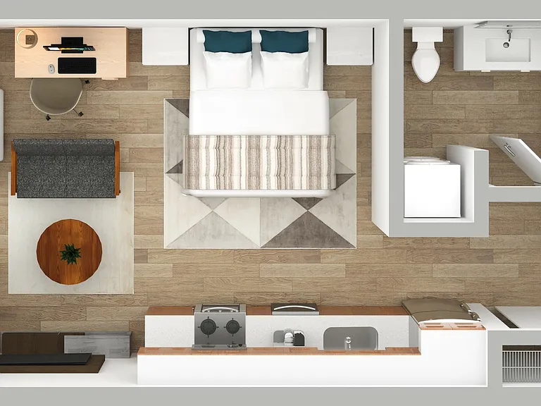 Floorplan rendering of a studio apartment with furniture Floorplan rendering of a studio apartment with furniture