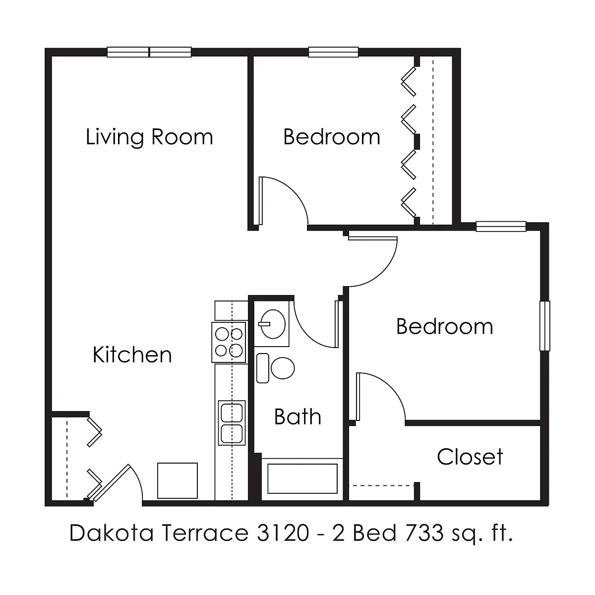 Floor plan 2 Bed 1 Bath | 733 sqft