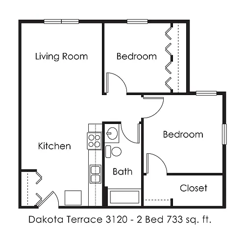 Floor plan 2 Bed 1 Bath | 733 sqft