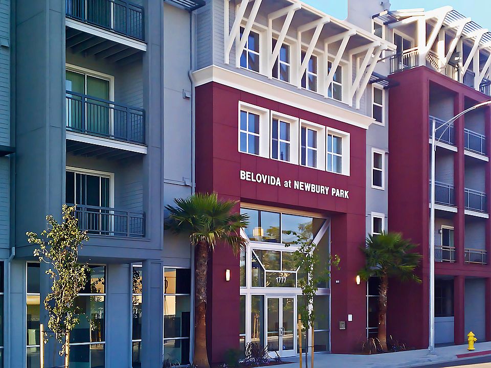 Modern exterior at Belovida at Newbury Park, featuring bold architecture, palm-lined entry, and a welcoming feeling.