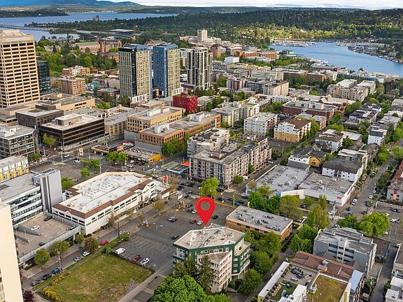 Aerial view of building. View of both Lake Union and Lake Washington.