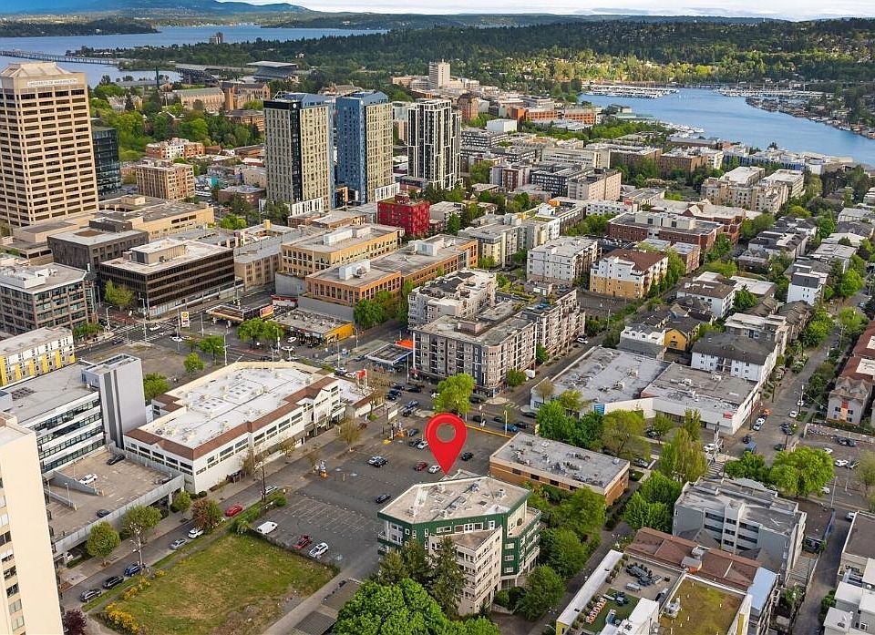 Aerial view of building. View of both Lake Union and Lake Washington.