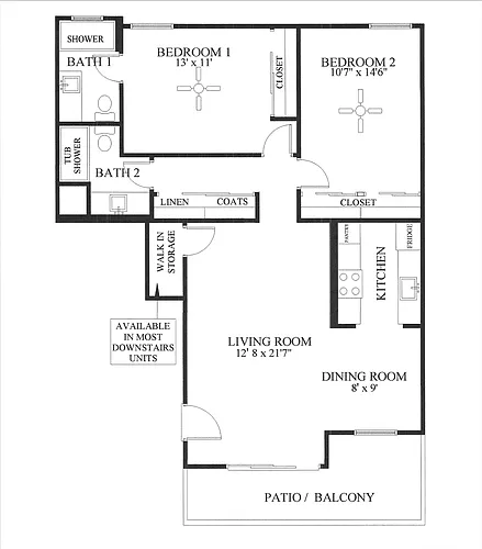 Floor plan 2 Bed 2 Bath Upstairs Live Oak Apt