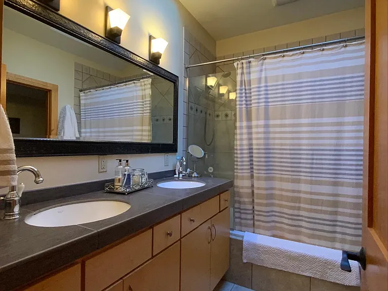 Master bath, air tub with skylight, separate toilet space with a door.