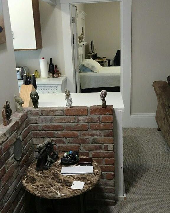 view from front door, kitchen to the left; living area to the right