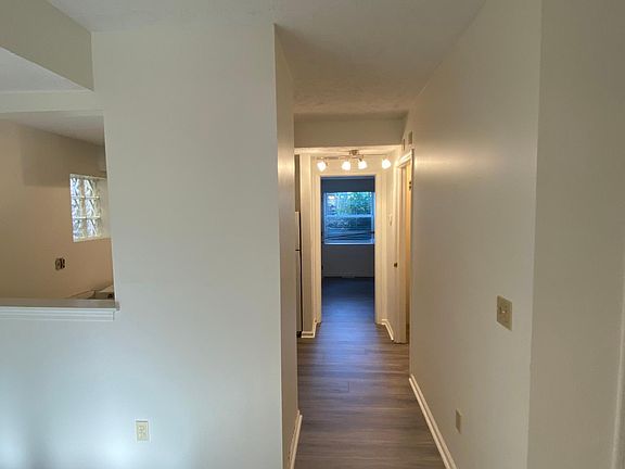 Hallway from living room to kitchen, bathroom, bedroom.