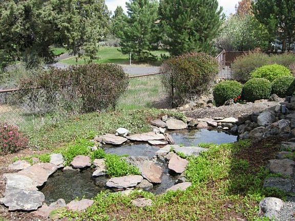 Low maintenance backyard with pond.