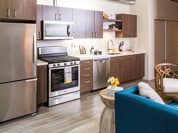 Modern kitchens outfitted with stainless steel appliances, and quartz countertops with tile backsplashes