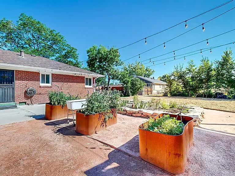 backyard with raised garden beds