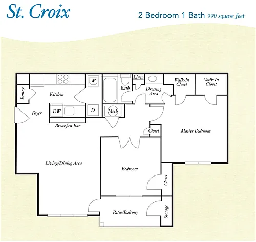 Floor plan B3 - St. Croix - Two Bedroom, One Bathroom