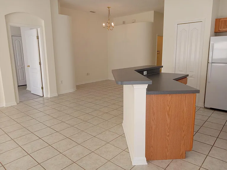 Lots of kitchen counter space and cabinet storage space. The walk-in food pantry is to the left of the refrigerator.