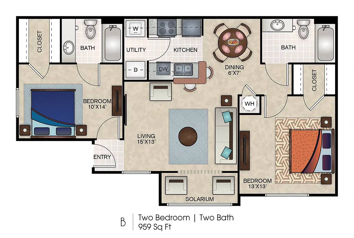 Floor plan B1 Two Bedroom, Two Bath