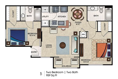 Floor plan B1 Two Bedroom, Two Bath
