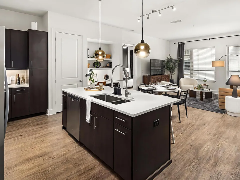 Apartment Kitchen and Living Area With Wood Flooring and Dining Setup